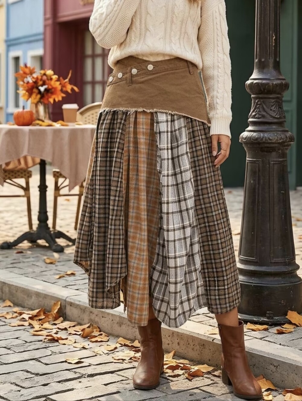 Women'S Skirt, Irregular Hem Style, Patchwork Plaid, Random Print, Asymmetrical